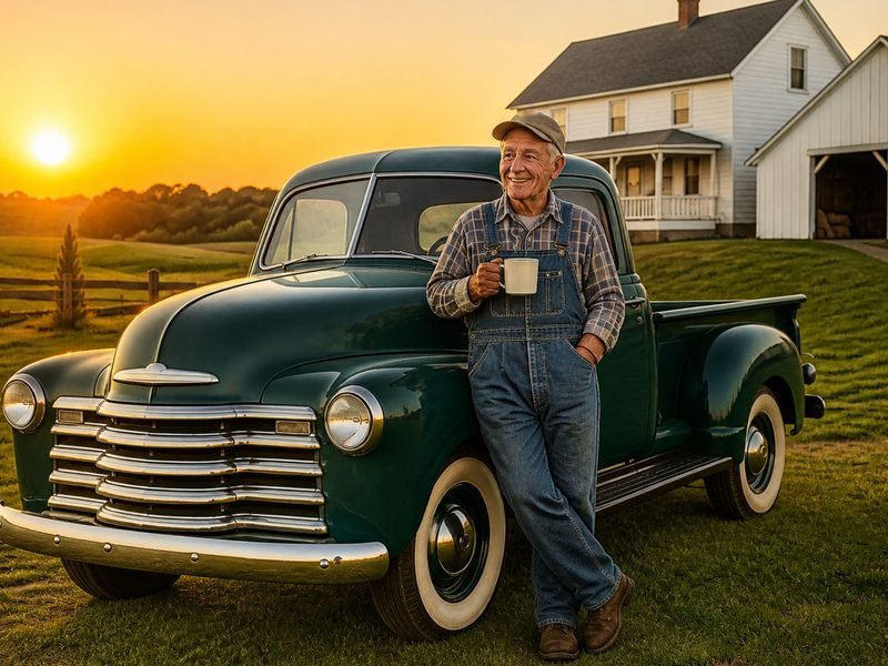 Farmer with a coffee mug beside his classic pickup truck